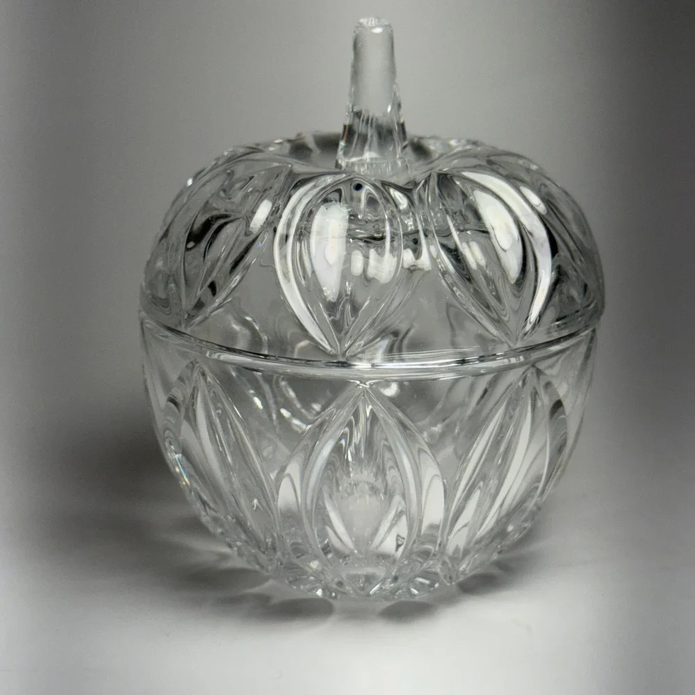 Clear Crystal Apple Candy Dish with Lid Vintage Decorative Tabletop‎ Accent